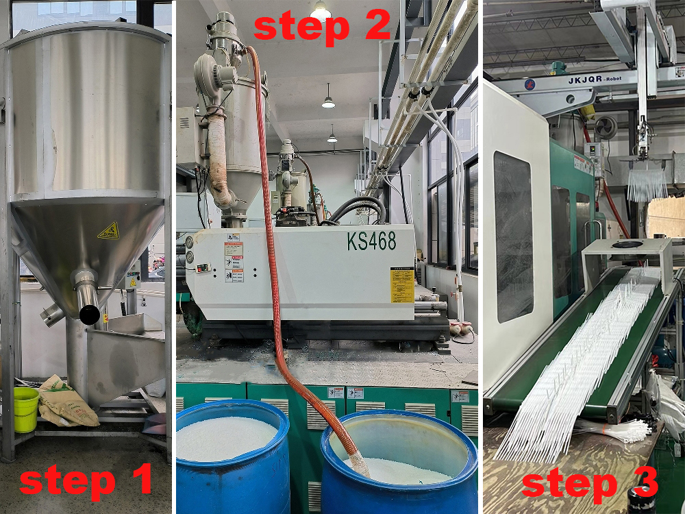 Material mixing, suction, injection molding